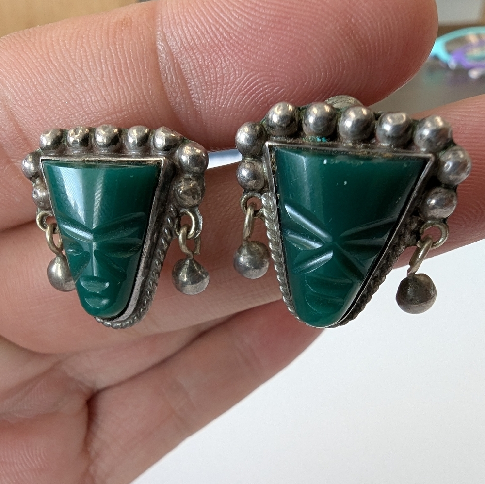 VTG! RARE! SIGNED RC STERLING & JADE SCREW BACK EARRINGS